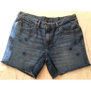 Levis Jeans Denim Shorts Women's Size 33 Medium Wash W/ Embroidered Blue Flowers